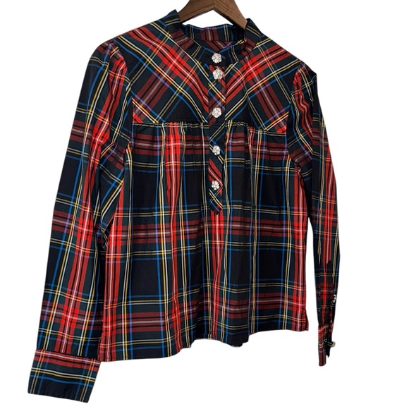 J.Crew Fresco Top Stewart Tartan Jewel Buttons Organic Cotton - Picture 3 of 11